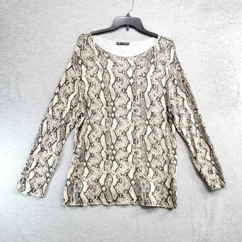 Zara Women Top XL Cream Snake Reptile Print Long Sleeve Shirt Round Neck‎